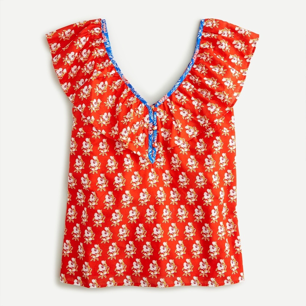 LNC J.Crew Ruffle V-neck top in classic block print